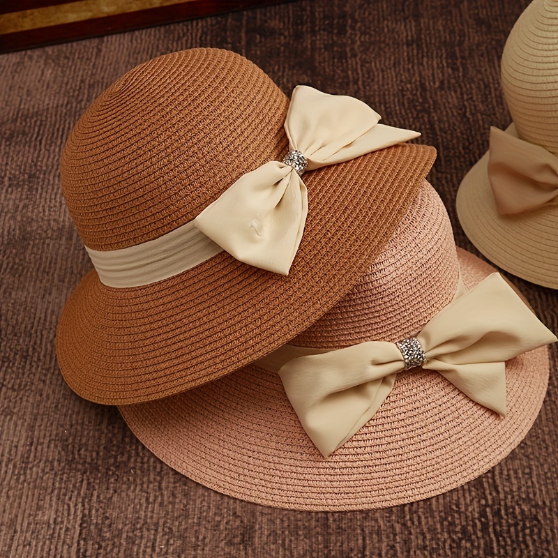 Women's Trendy Bow Design Straw Hat Large Brimmed Beach Sun - Temu