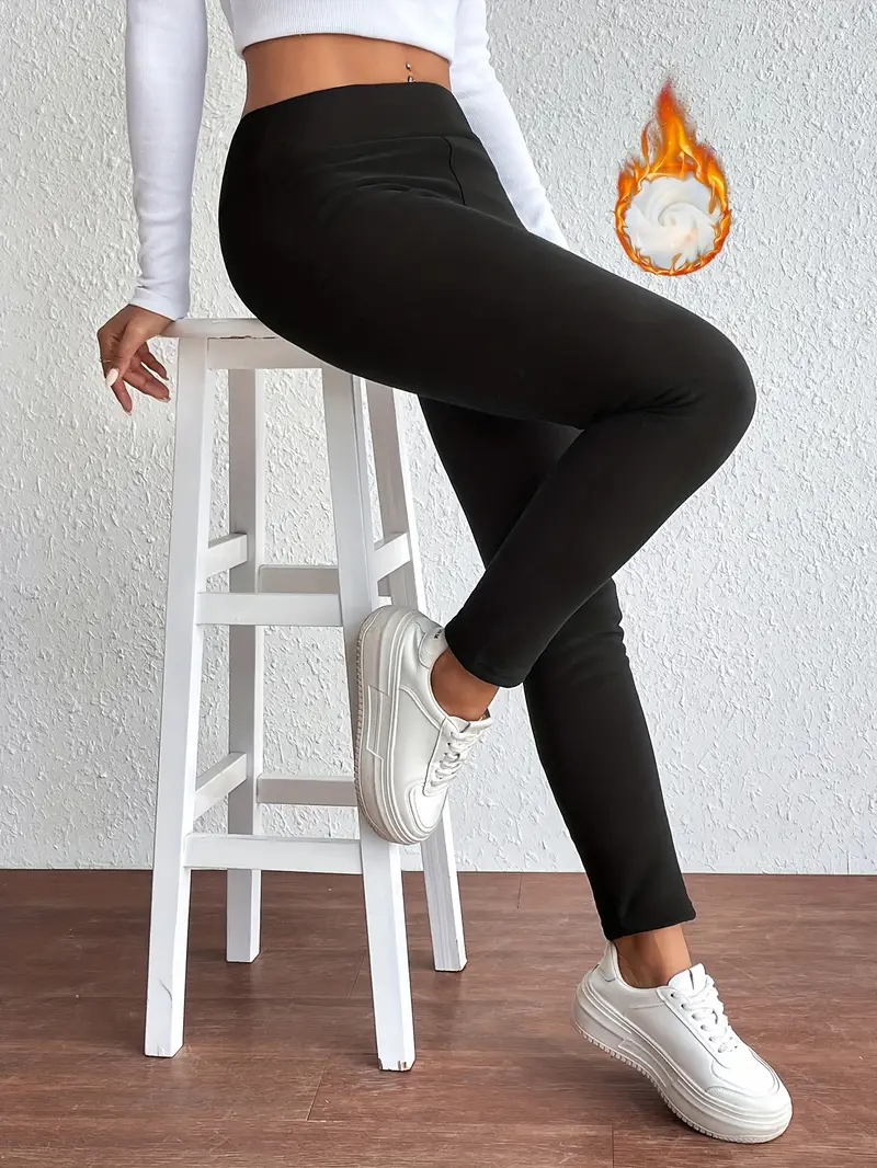Solid High Waist Skinny Leggings Casual Thermal Every Day - Temu