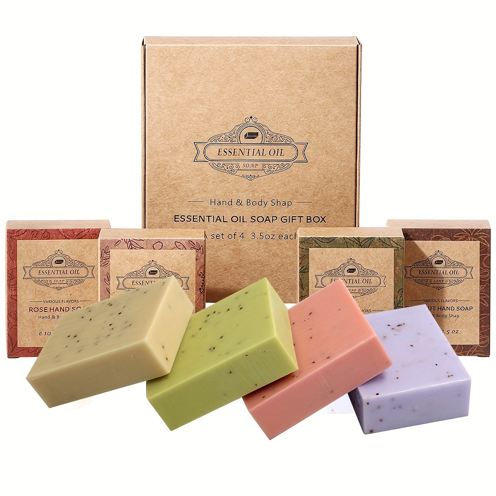 

1pack/4pack Essential Oil Soap Set - Handmade, Body Cleansing Soap With Rose, Coconut, And Tea Tree Essential Oils - Perfect For Gifts And Travel - Kraft Paper Wrapped For A Ritual Feel