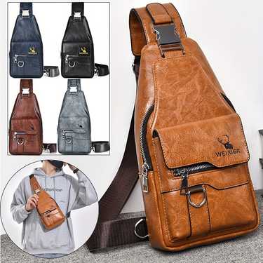 1pc Men's New PU Leather Retro Casual Chest Bag, Messenger Large Capacity Multi-compartment Waterproof Chest Bag