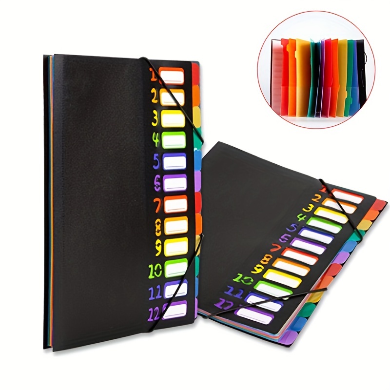 

A4 Divided File Folder, 12-grid File Bag With 12 Colored Labels, Compartment File Folder For Sorting And Organizing Files, School Office File Folder (black)