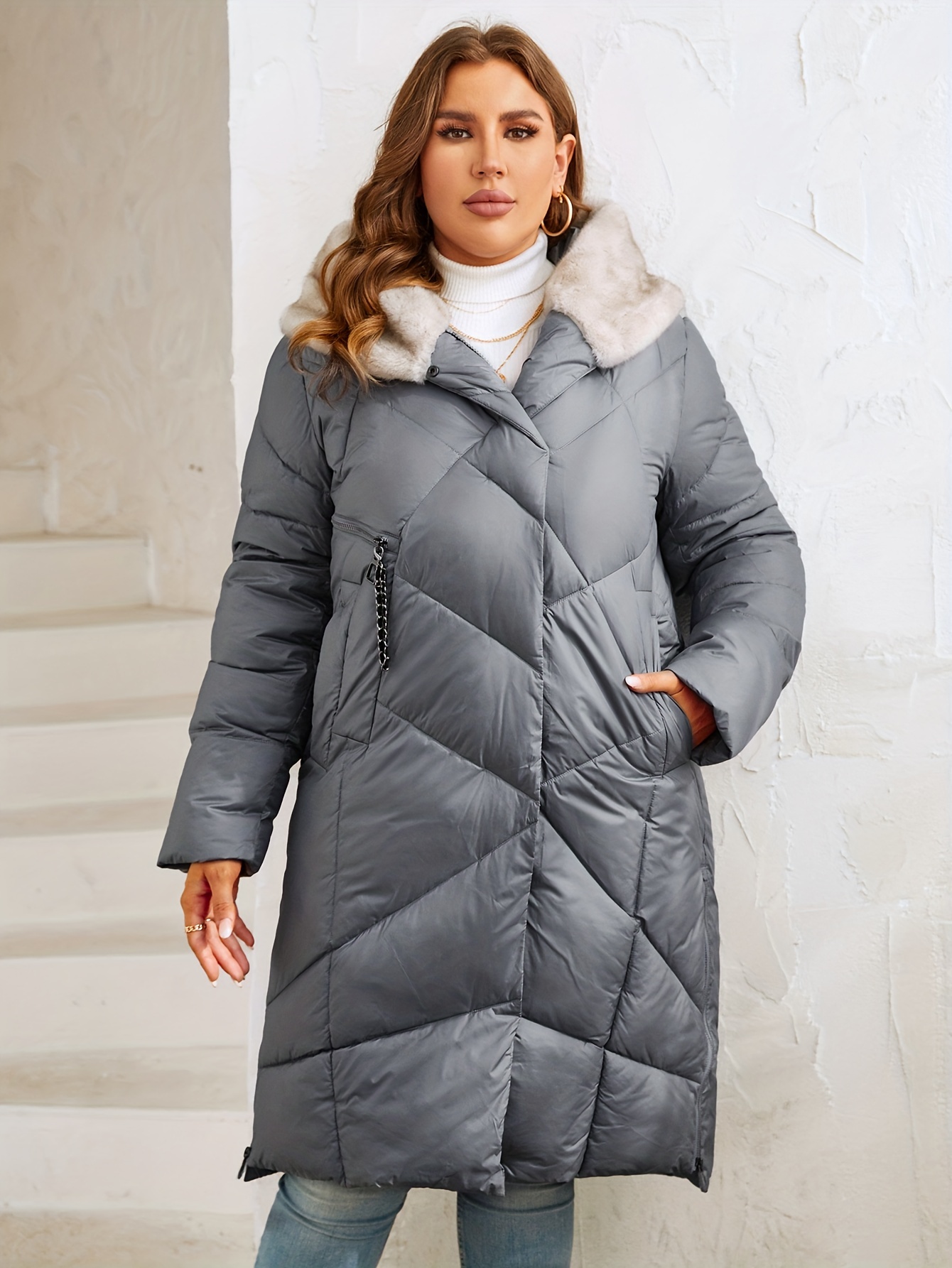 Abrigos con capucha para mujer, abrigo de piel sintética para mujer, abrigo  de invierno de un solo botonadura larga, abrigo de vellón