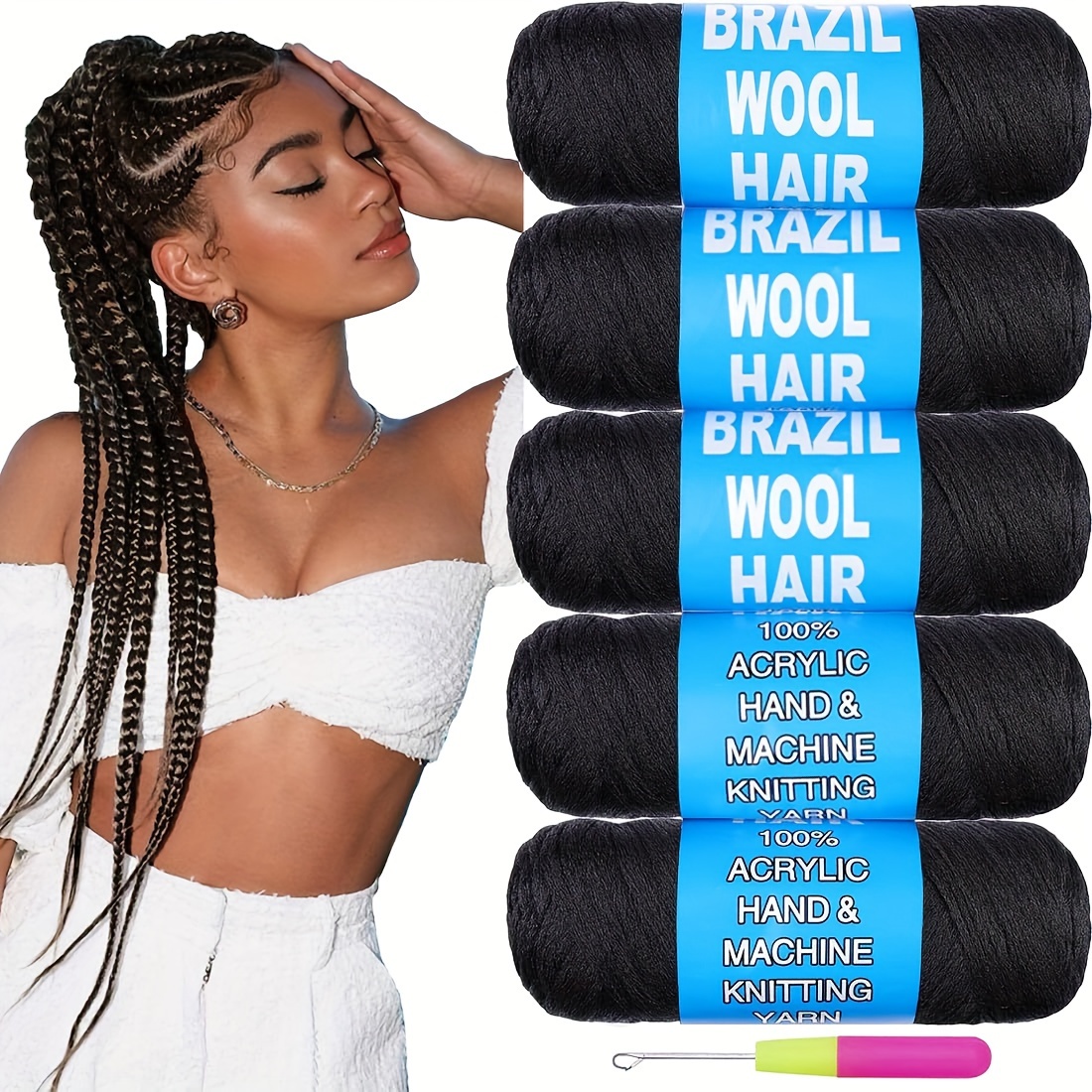 Brazilian Yarn Wool Hair for Braids Braiding Hair with Yarn 100% Acrylic  Brazilian Wool Hair for African Crochet Braided Hair Senegalese Twist Box  Braids Faux Locs with Yarn Hair (Pack of 5