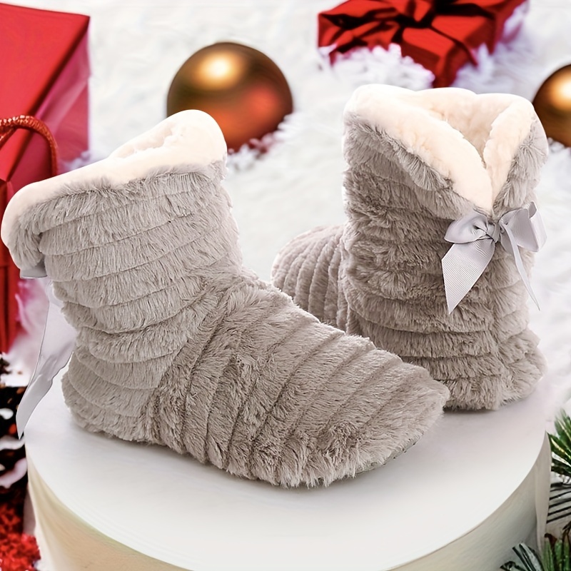 

Solid Color Warm Home Slippers, Slip On Round Toe High-top Bowknot Decor Non-slip Fluffy Soft Shoes, Plush Cozy Fuzzy Shoes