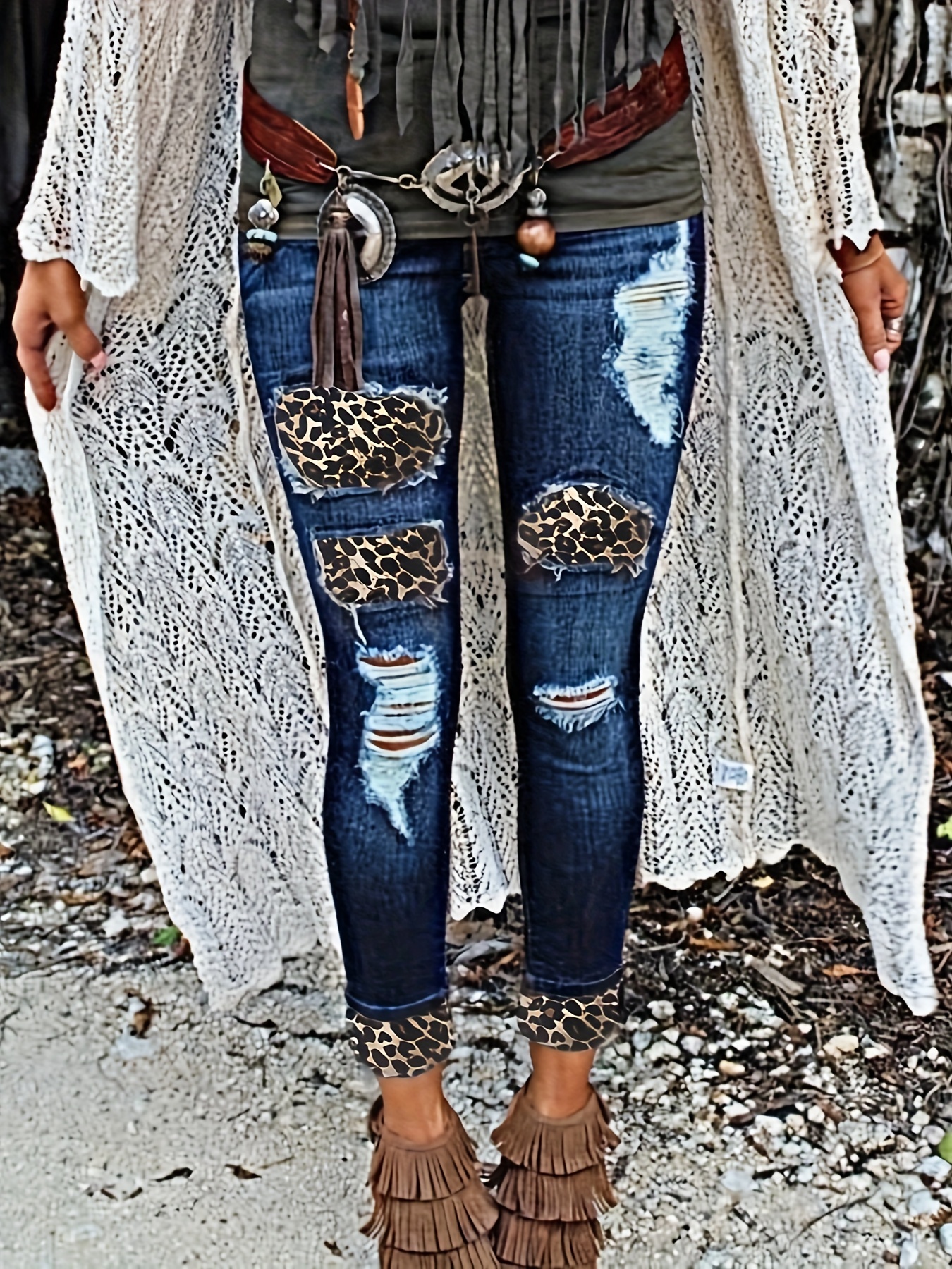 Colorblock Leopard Print High Rise Skinny Jeans