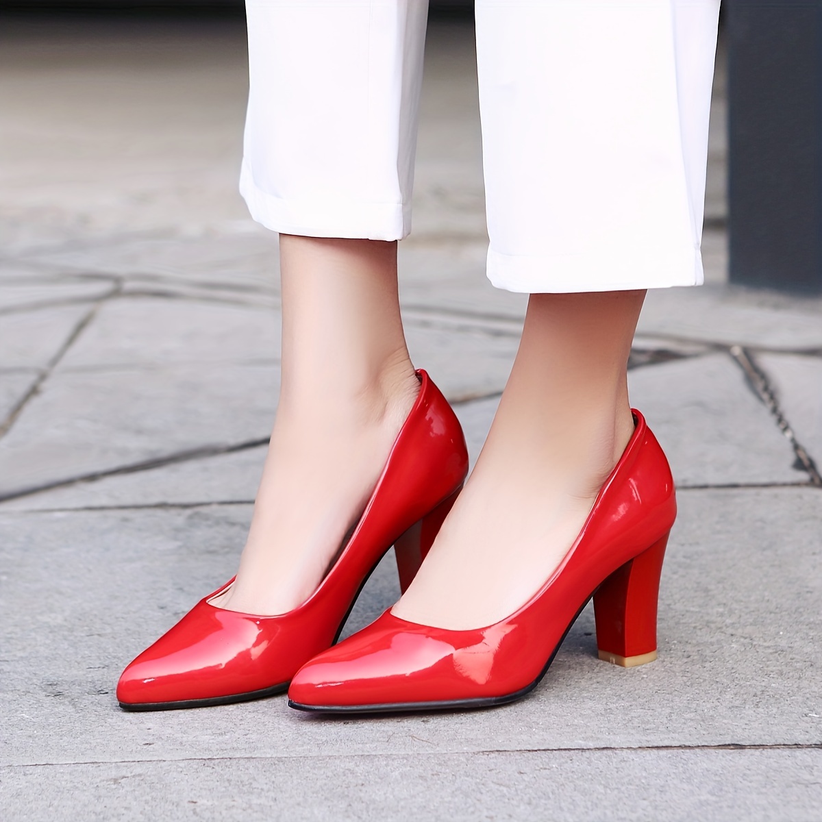 Women's Red Chunky High Heels Pointed Toe Patent Leather - Temu