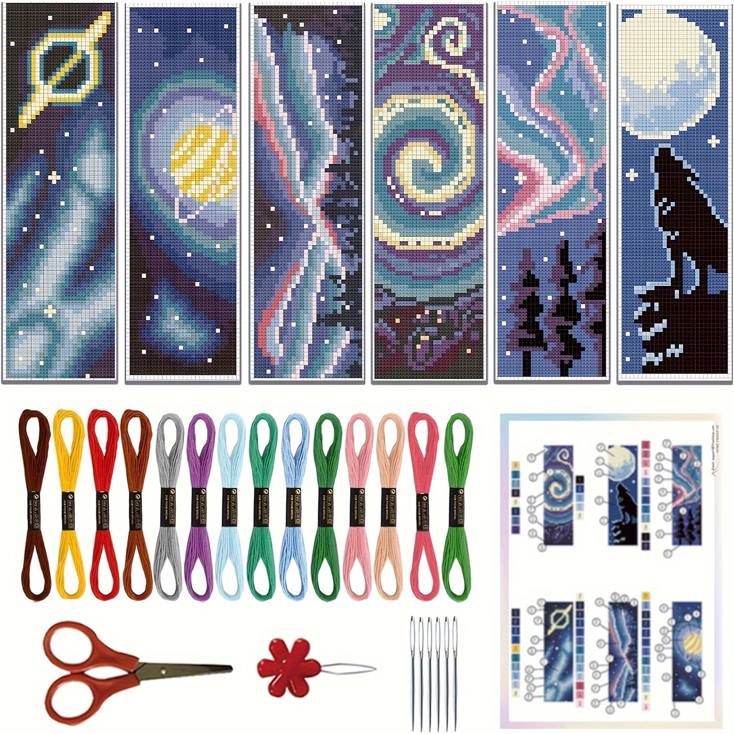 

6 Sets Floral Cross-stitch Bookmarks Kit, Diy Starry Sky And Wolf Pattern Embroidery Material Bag With Instructions, Perfect Gift For Friends & Family