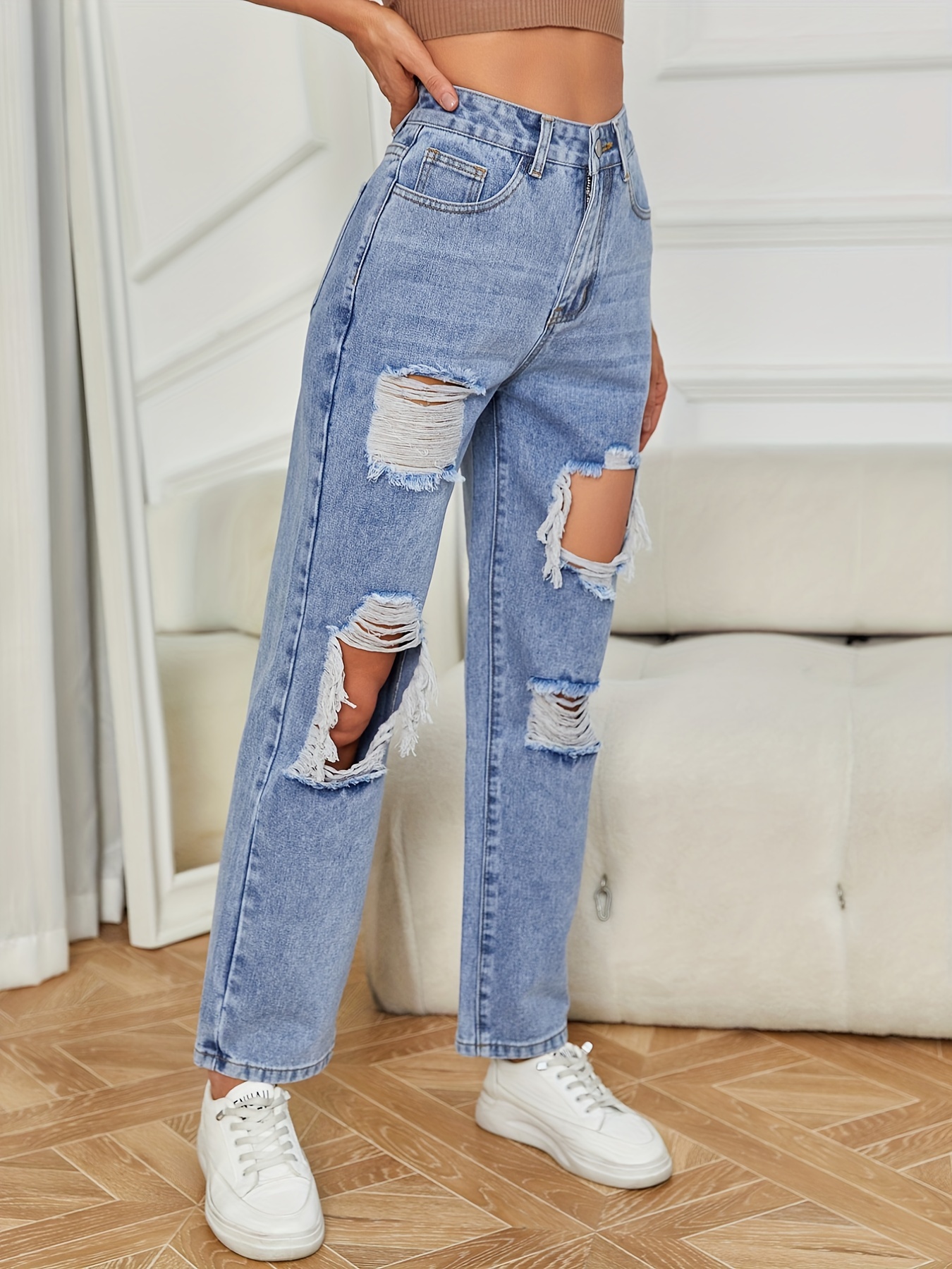 Ripped Knee Cut Distressed Jeans, Light Wash Slash Pocket Button Tousers,  Casual & Trendy Pants For Every Day, Women's Denim Jeans & Clothing
