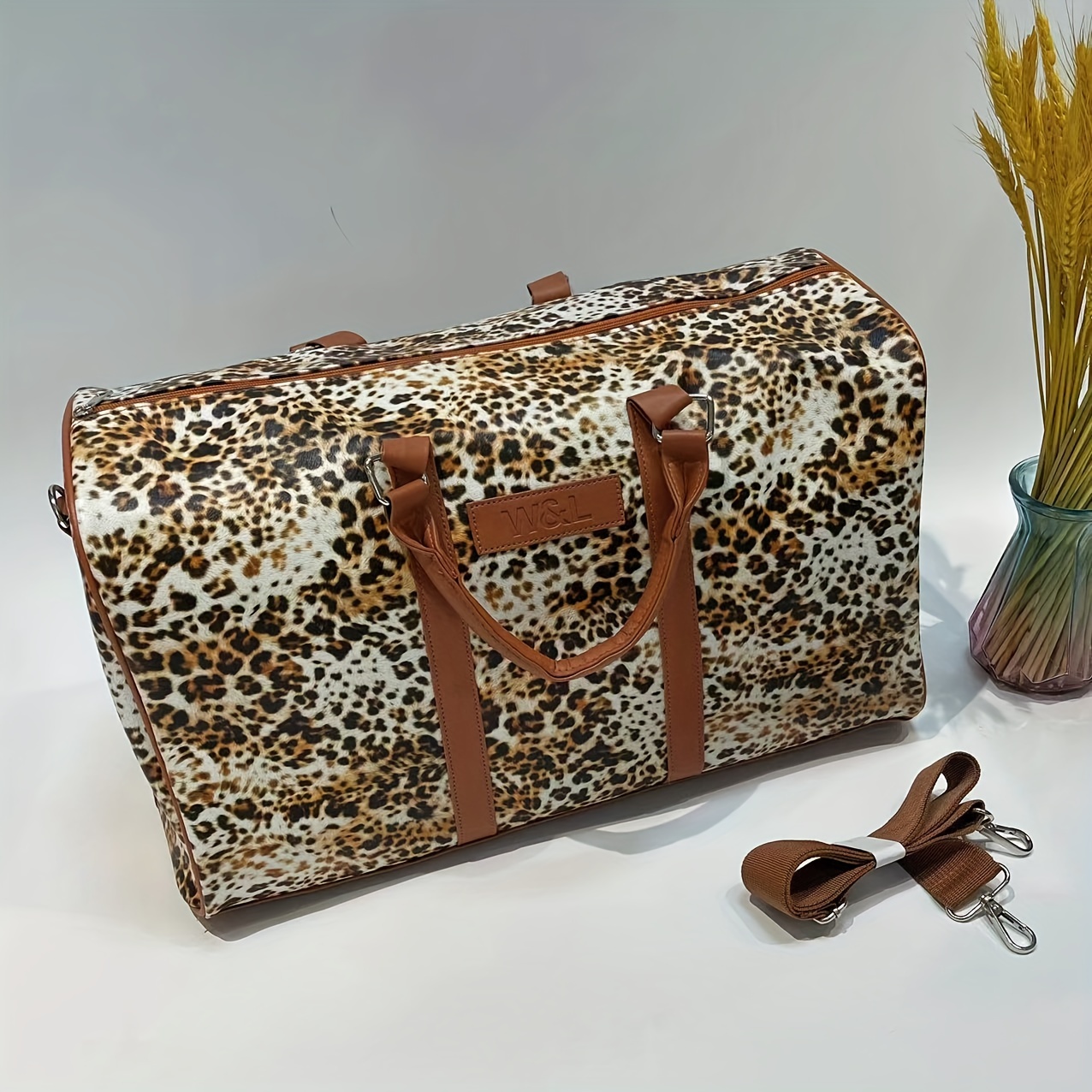 Brown Leather Printed Duffle Bag, For Travel