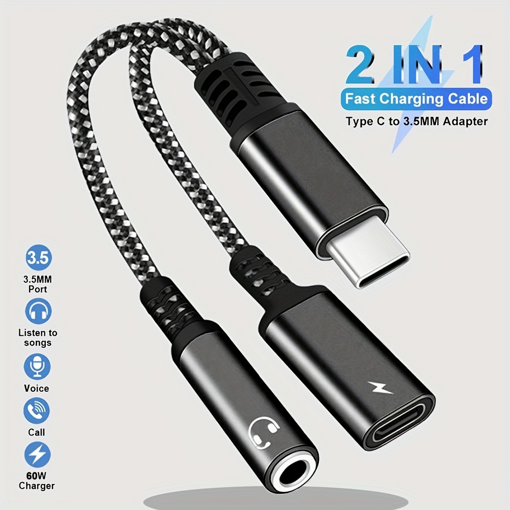 2-in-1 USB C To AUX Audio Jack Dongle Cable With 1pc PD 30W Fast Charging,  USB Type C To 3.5mm Headphone And Charger Adapter Compatible With  iPhone15/Samsung/Google/OPPO/Xiaomi And Other Type-C Smart