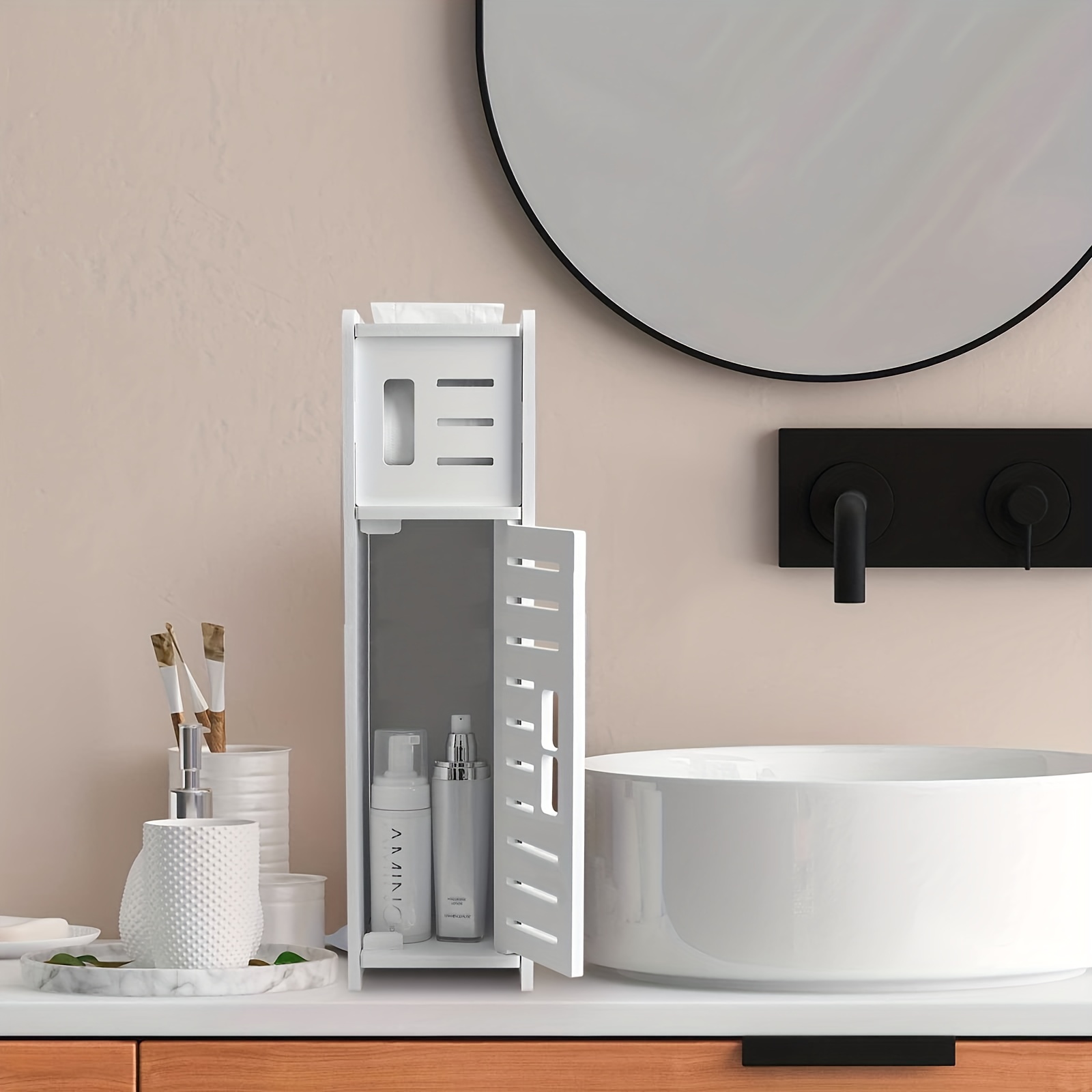 AOJEZOR: Small Bathroom Storage Cabinet Great for Toilet Paper