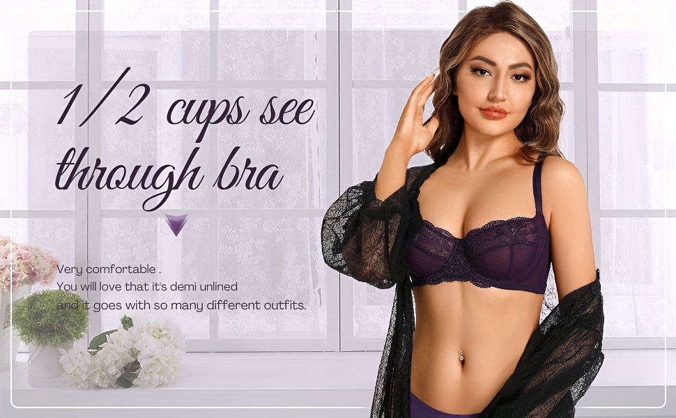  Womens Sexy Lace Bra Underwire Balconette Unlined Demi Sheer  Plus Size Heliotrope 32A