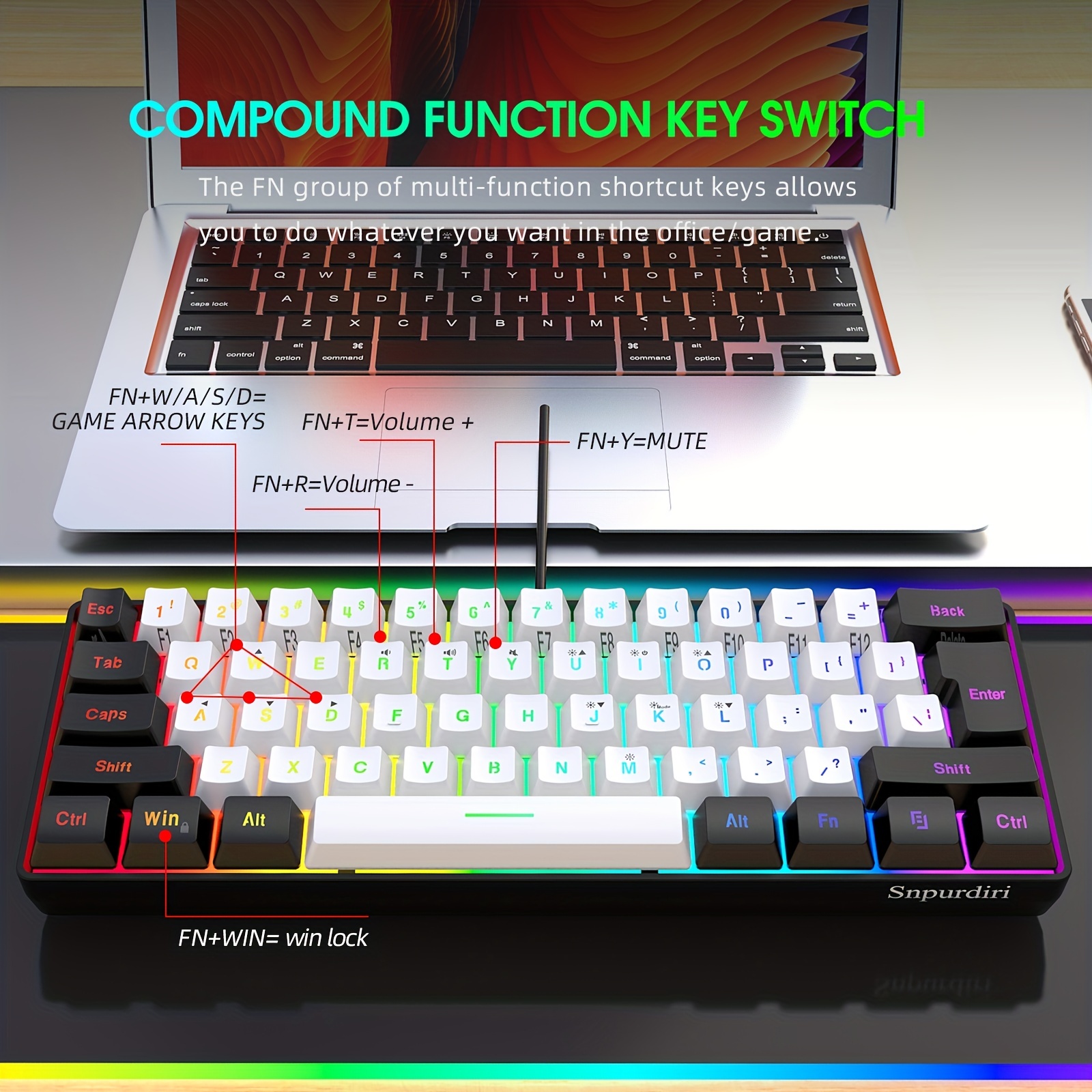 TECURS 60% Gaming Keyboard Mechanical Led Wired Keyboard Mini 61 Key  Compact Gamer Keyboard Clicky with Blue Switch for Computer PC Laptop :  Video Games 