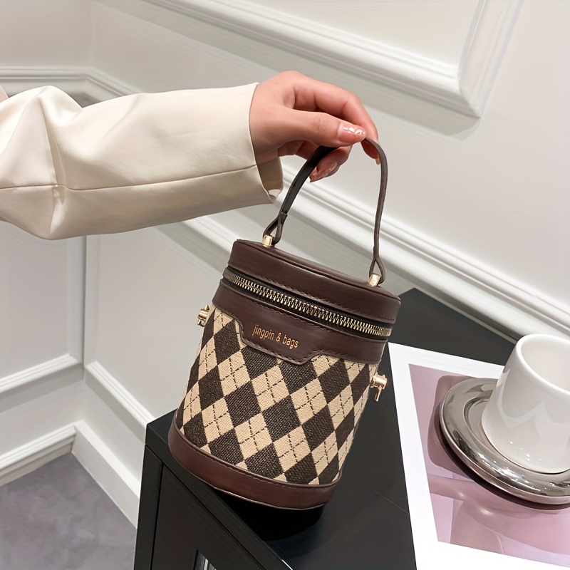 Mini Argyle Pattern Handbag, Fashion Cylinder Bucket Purse