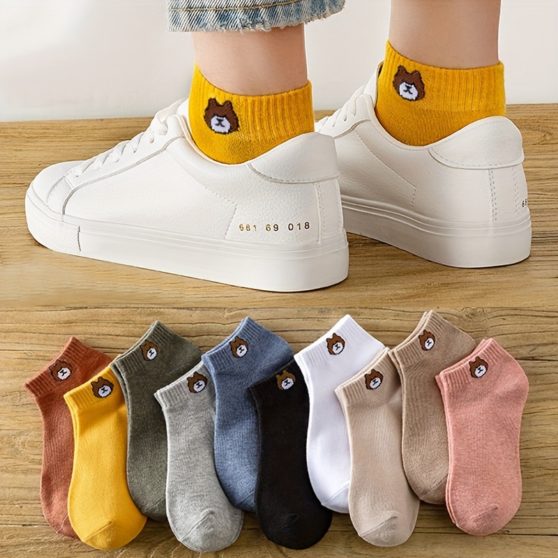 

10 Pairs Cartoon Bear Pattern Socks, Cute & Breathable Low Cut Ankle Socks, Women's Stockings & Hosiery