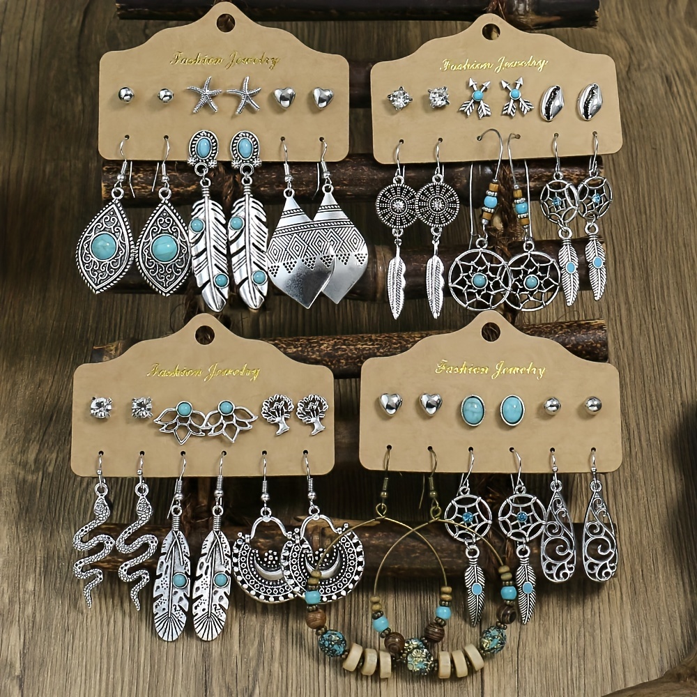 

24pairs/set Boho Earrings Hollow Pendant Beads Stud Dangle Earrings Alloy Earrings Elegant Style Jewelry Trendy Gift For Women
