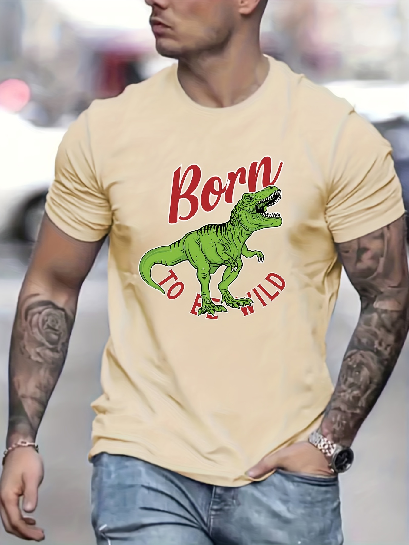 Green Dinosaur Pattern Men's Street Short Sleeve Crew Neck T - Temu