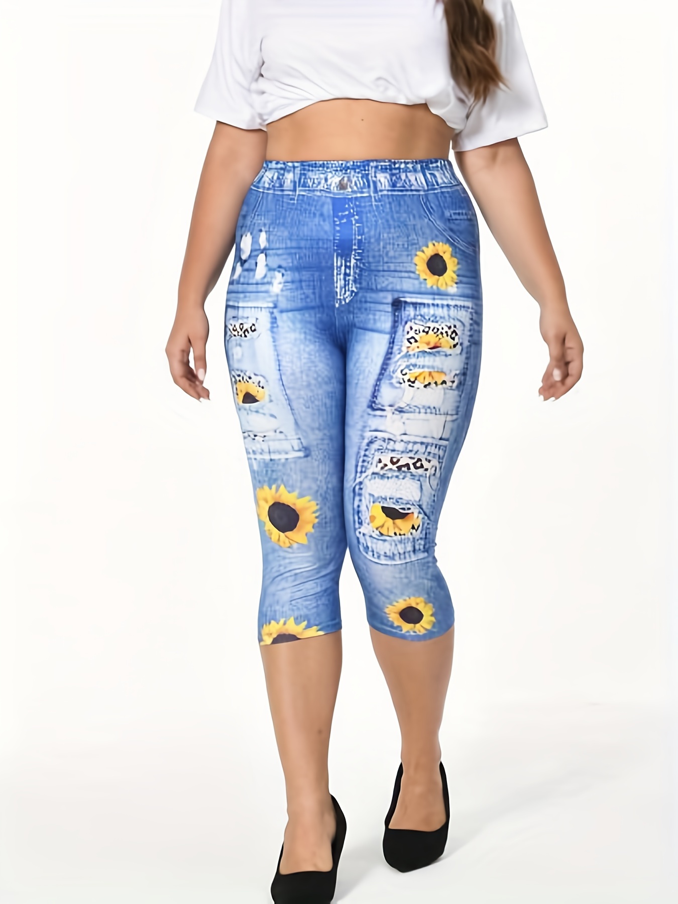 Plus Size Denim Print High Capri Leggings Women's Plus - Temu