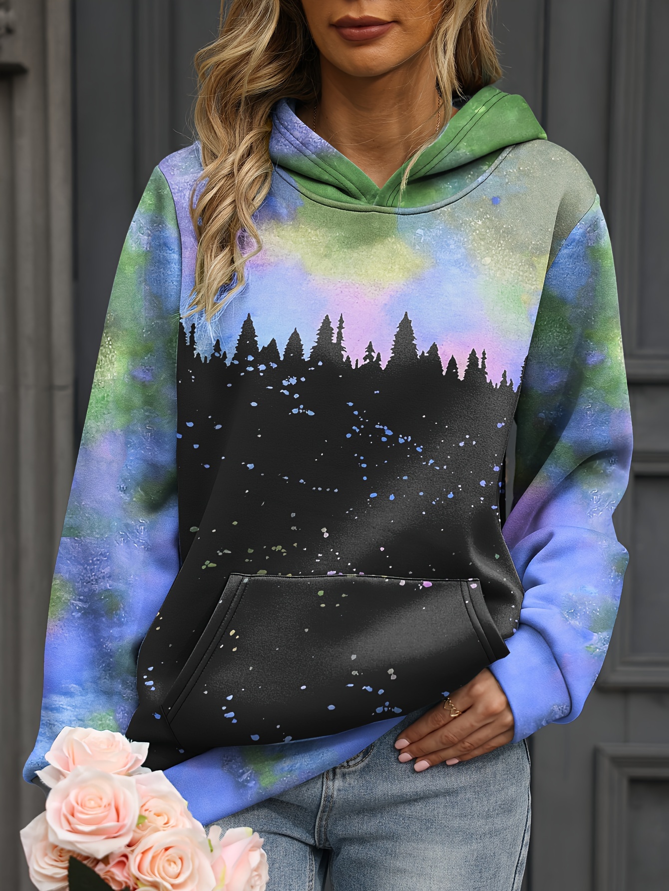 Forest Print Kangaroo Pocket Hoodie Casual Long Sleeve Hoodies Sweatshirt Women s Clothing