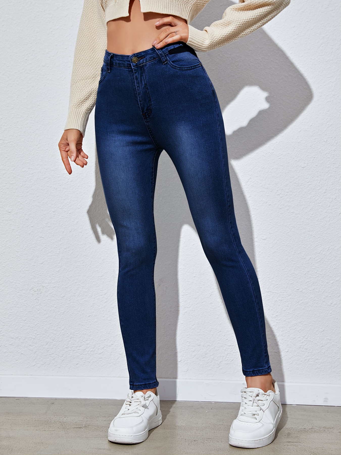 Jeans ajustados de color sólido de tiro alto, pantalones de mezclilla de  diseño liso ajustados y elásticos de cintura alta, ropa de mezclilla para  muj
