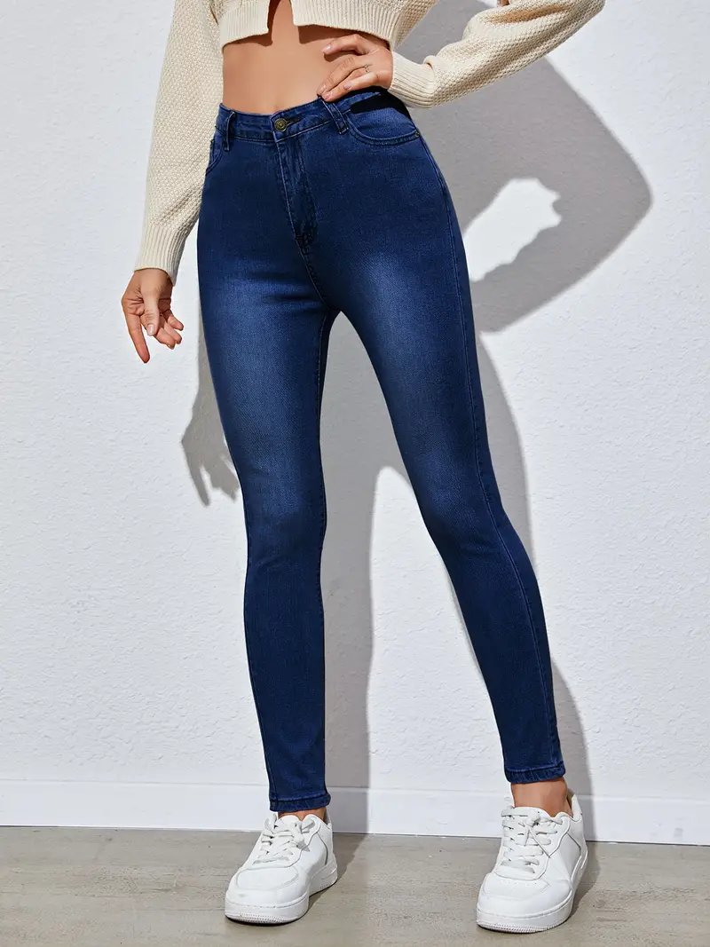 Jeans Ajustados Color Sólido Tiro Alto Pantalones Mezclilla - Temu