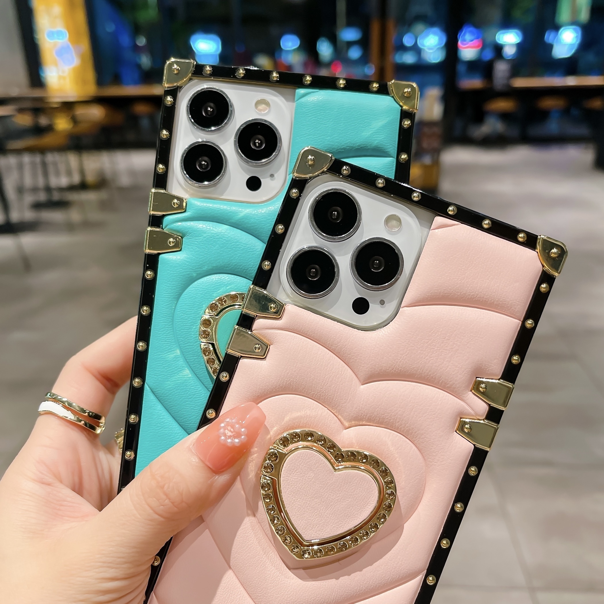 3d Love Heart Ring Holder Square Leather Case For Iphone 14 13 12 11 Pro  Max Plus - Temu