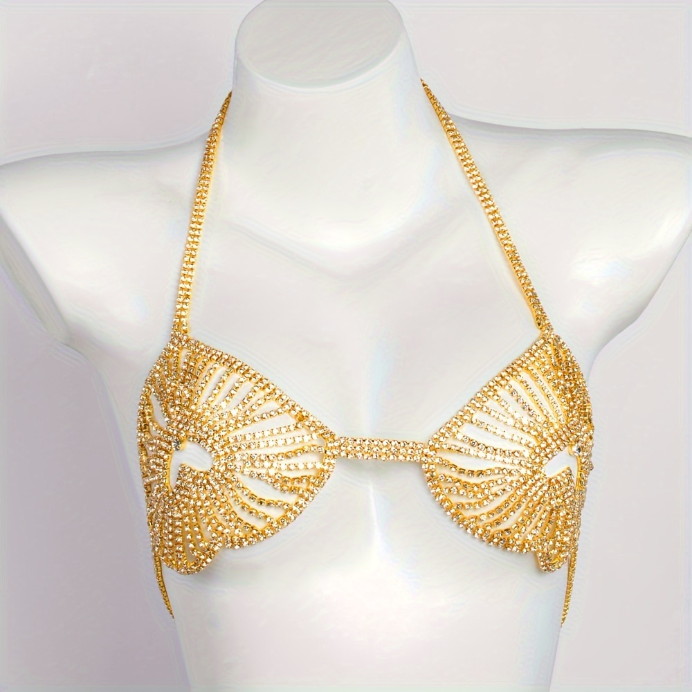 Rhinestone Necklace Harness Body Chain Crystal Chest Bikini Bra Top Chest  Bling