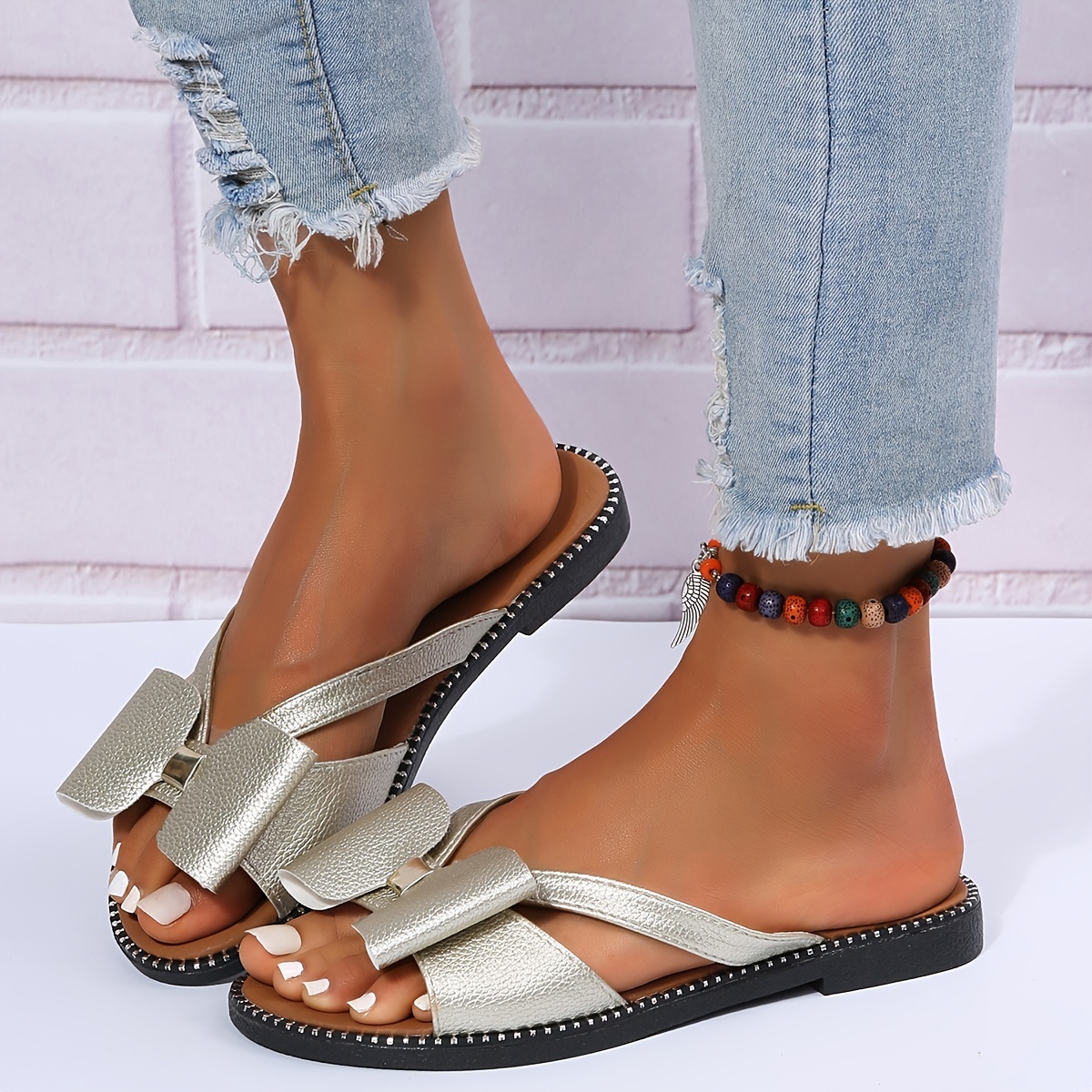 Women s Cute Bowknot Flat Slides Summer Bohemia Open Toe Temu