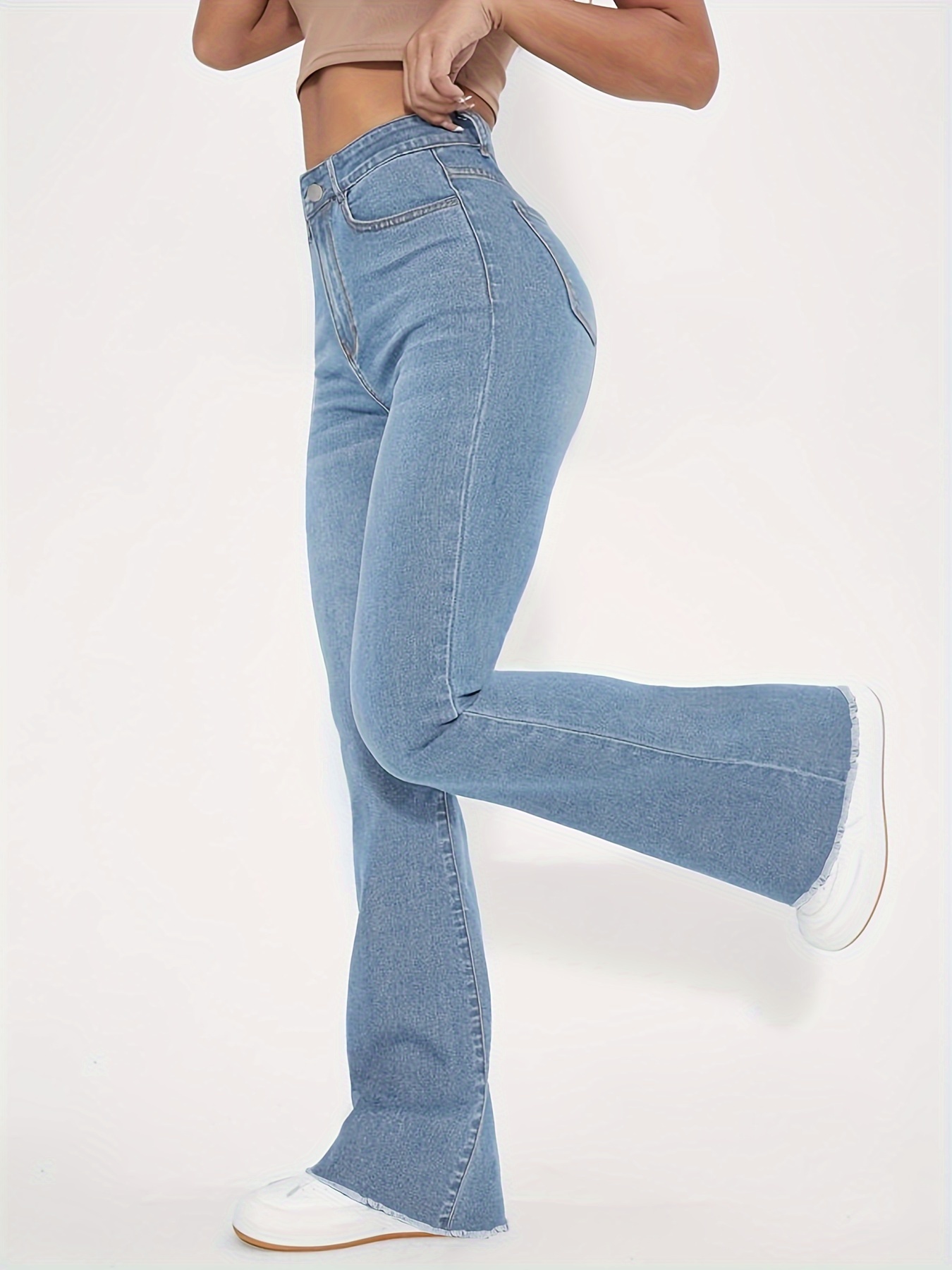Jeans Acampanados Con Ribete Crudo * Jeans Acampanados Versátiles De  Cintura Alta Y Estiramiento Alto, Jeans Y Ropa De Mujer