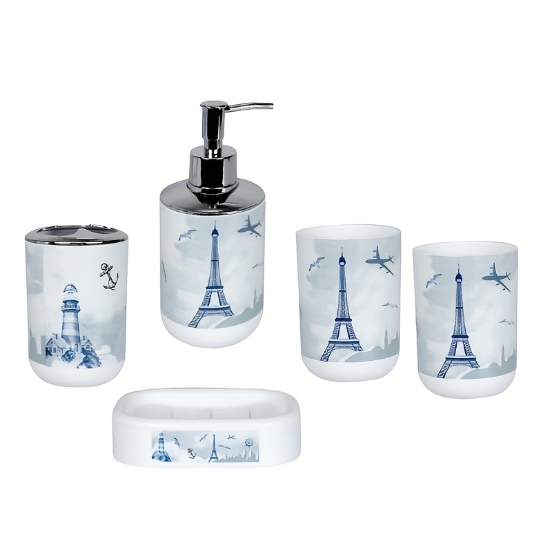 Four piece Paris Eiffel Tower Bathroom Accessory Set. Magnifying Mirror, tooth brush holder, Eiffel Tower lotion dispenser, soap popular dish,