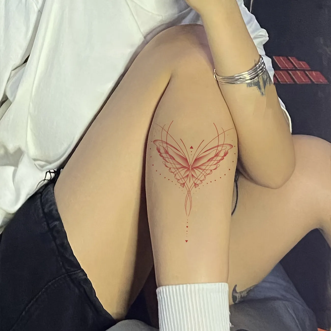 Red ink Butterfly Leg Tattoos for Females