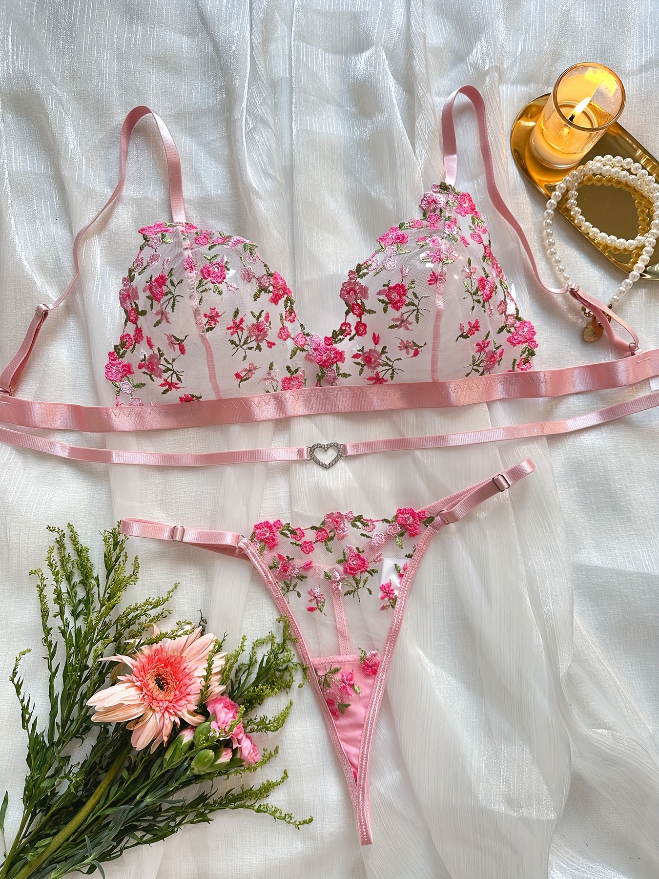 Floral Embroidery Bra And Thong Set