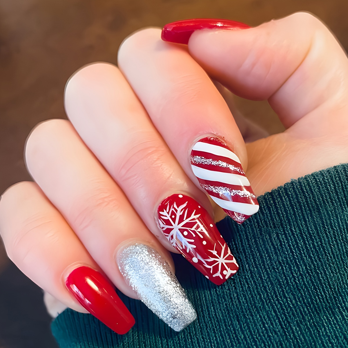 Christmas Nails Red And White French Tip Snowflake Striped - Temu