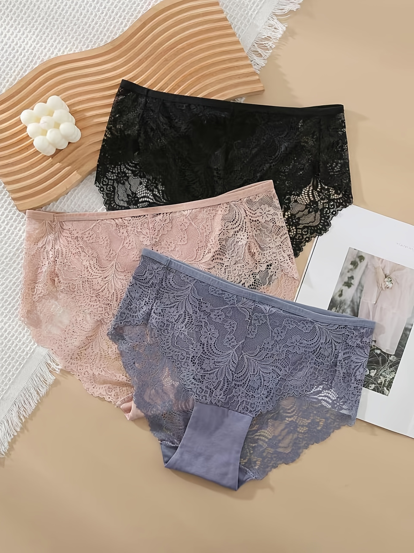 Women's Lingerie Underwear 3pcs Lace Stitching Briefs Sexy High Waist Mesh Panties