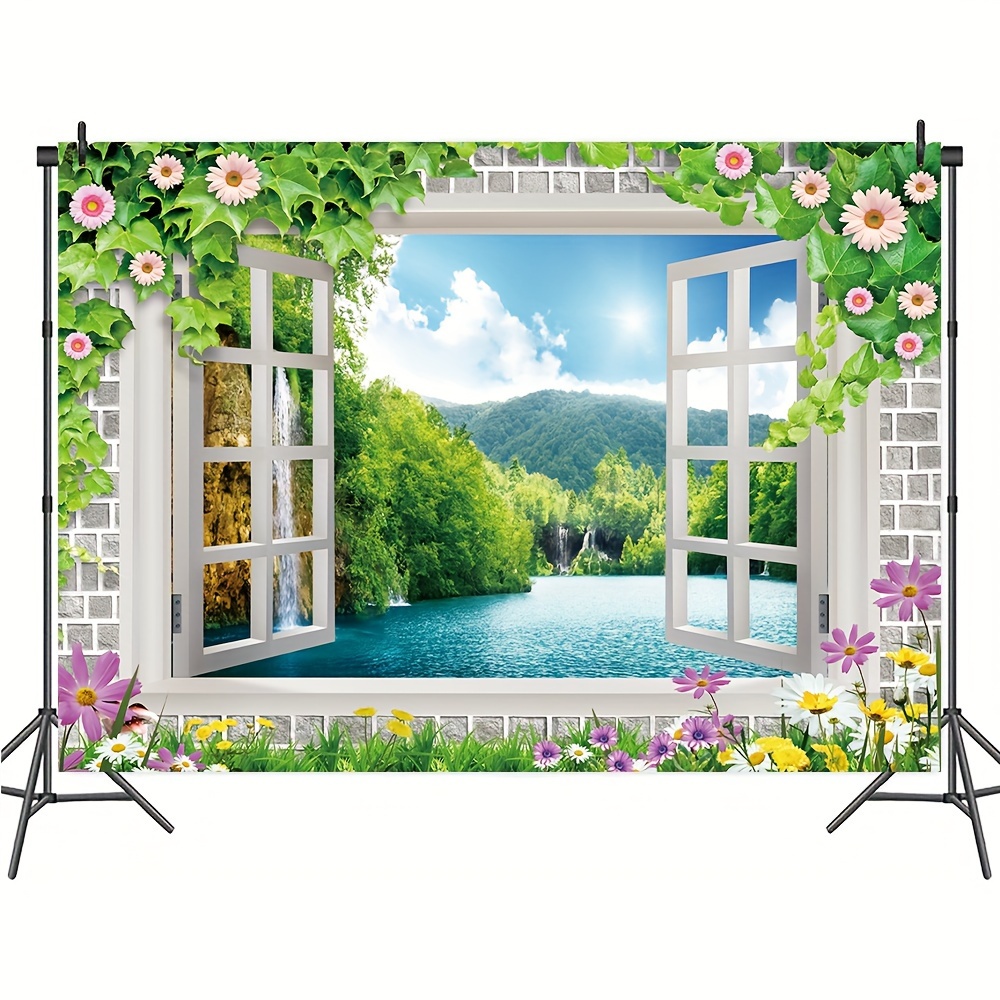 1pc, Romantic Window View Photography Backdrop, Vinyl Spring Garden Mosaic  And Leaf Vine White Windowsill Blue Lake Green Mountain Forest Natural Back