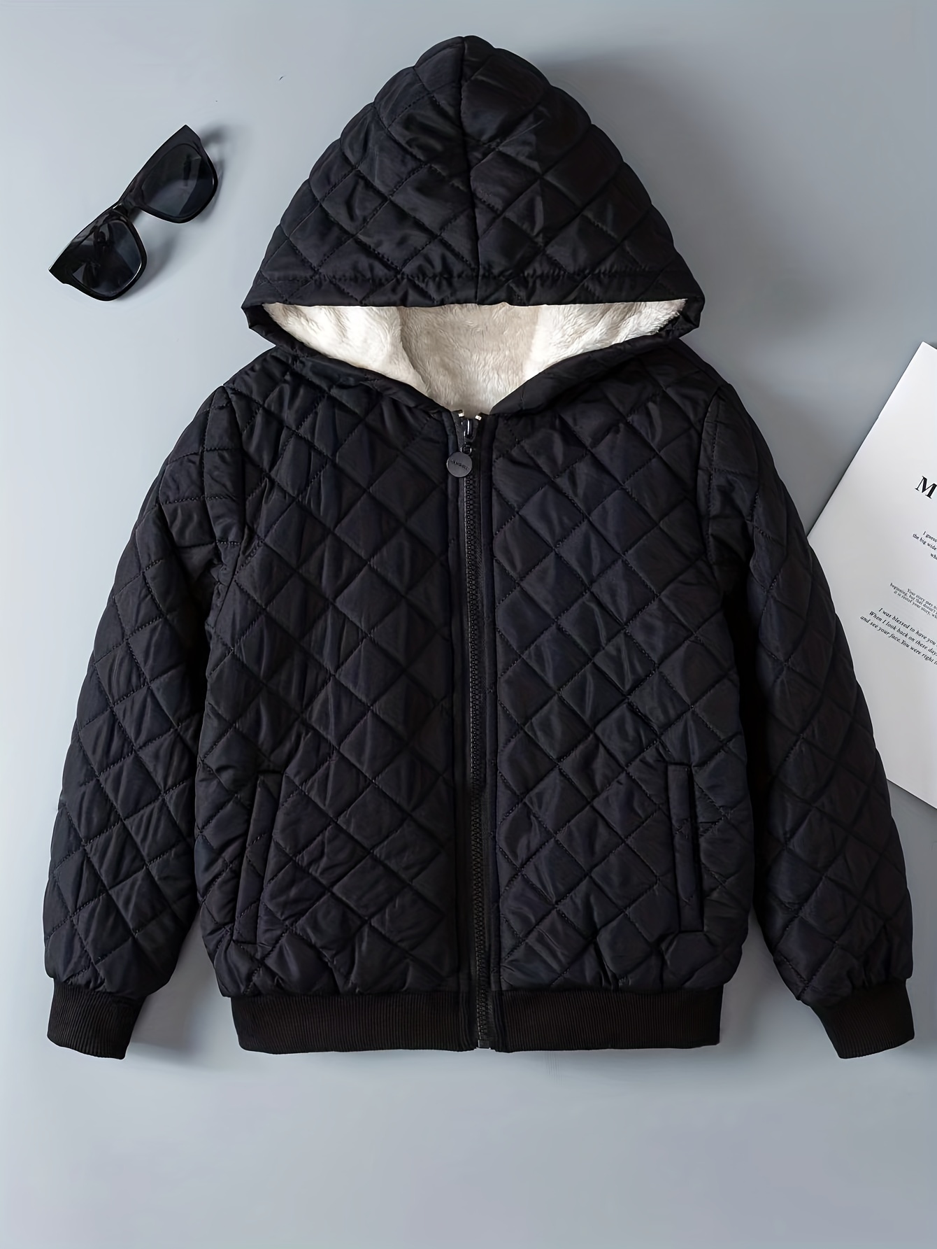 Kid's Rhombus Jacquard Fleece Lining Jacket, Warm Zip Up Hooded