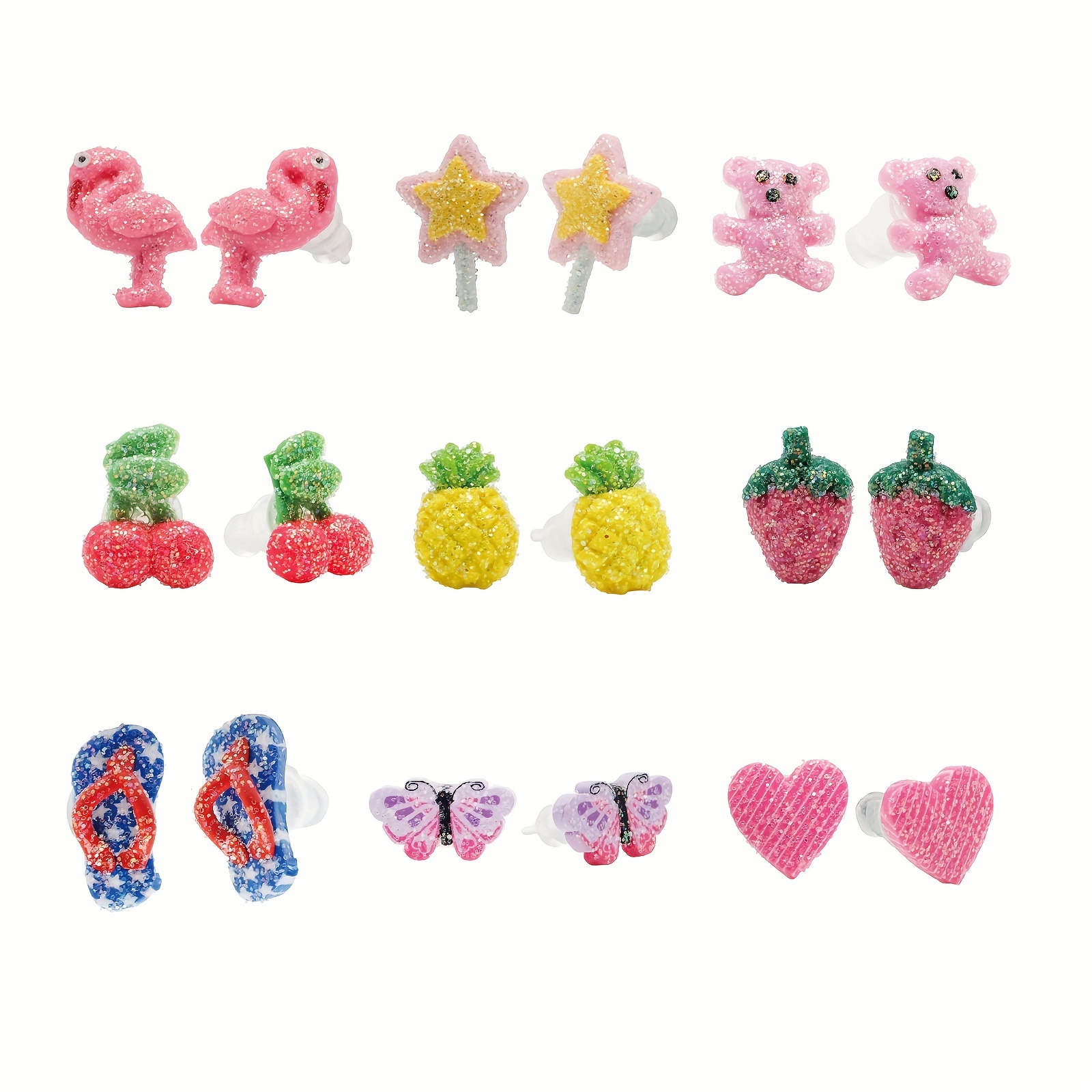 9 Pairs Hypoallergenic Stud Earrings For Girls, Flamingo, Bear, Cherry  Pattern Polymer Clay Earrings Set, Birthday Holiday Party Gift For Girls