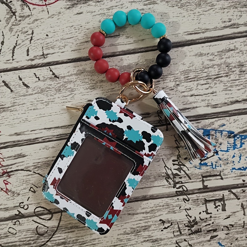 Wristlet Circle Key Ring Bangle Card Pocket Zippered Wallet Bracelet  Keychain with Chapstick Holder(Sunflower)
