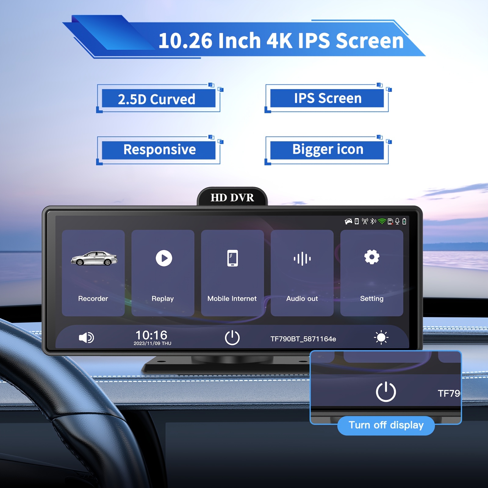 10.26'' 4K GPS WIFI Dash Cam Carplay Android Wireless Auto Mirror Video  Recorder