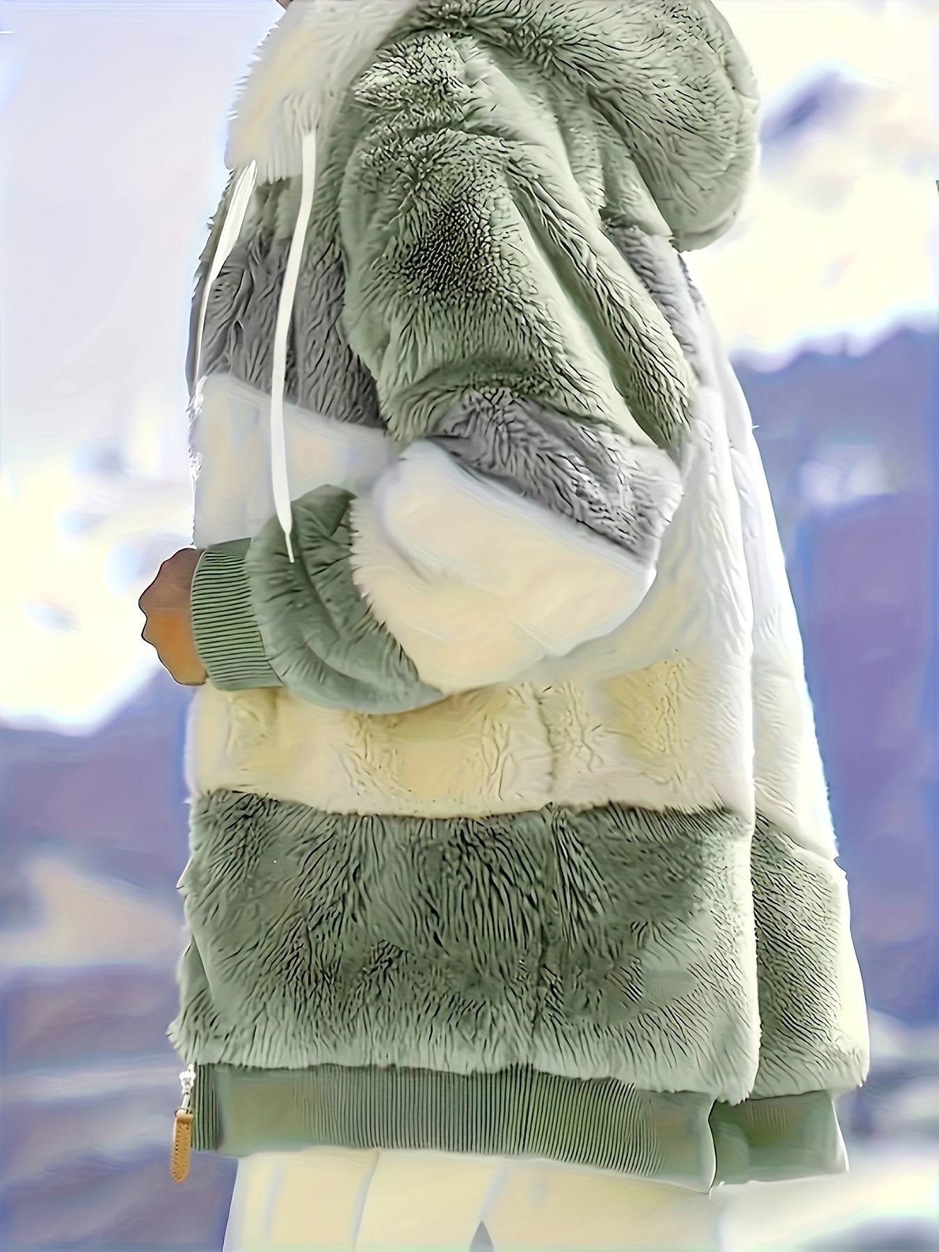  OLLOUM Contrasting Lamb Wool Padded Coat, Women Fashion Color  Block Fuzzy Fleece Jacket, 2024 New Zipper Pocket Hooded Loose Coat (Color  : Green, Size : 3X-Large) : Clothing, Shoes & Jewelry