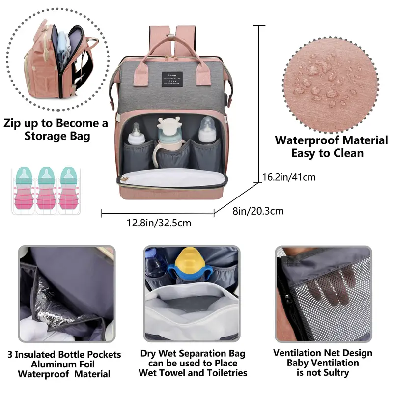 Diaper Bag Backpack Baby Nappy Changing Bags Multifunctional Travel Backpack With Changing Station Large Capacity Waterproof Sunshade Breathable Mosquito Net