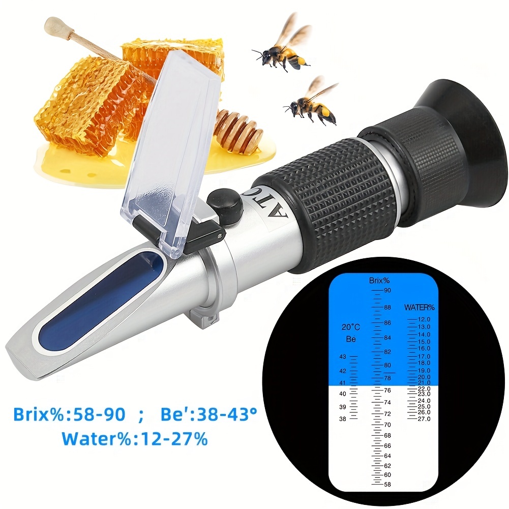 Réfractomètre de miel, Brix, Baume et humidité de l'eau 3 en 1 Testeur de  miel avec ATC. 58-90% Brix, 38-43 Be' et 12-27% d'humidité de l'eau Plage  de