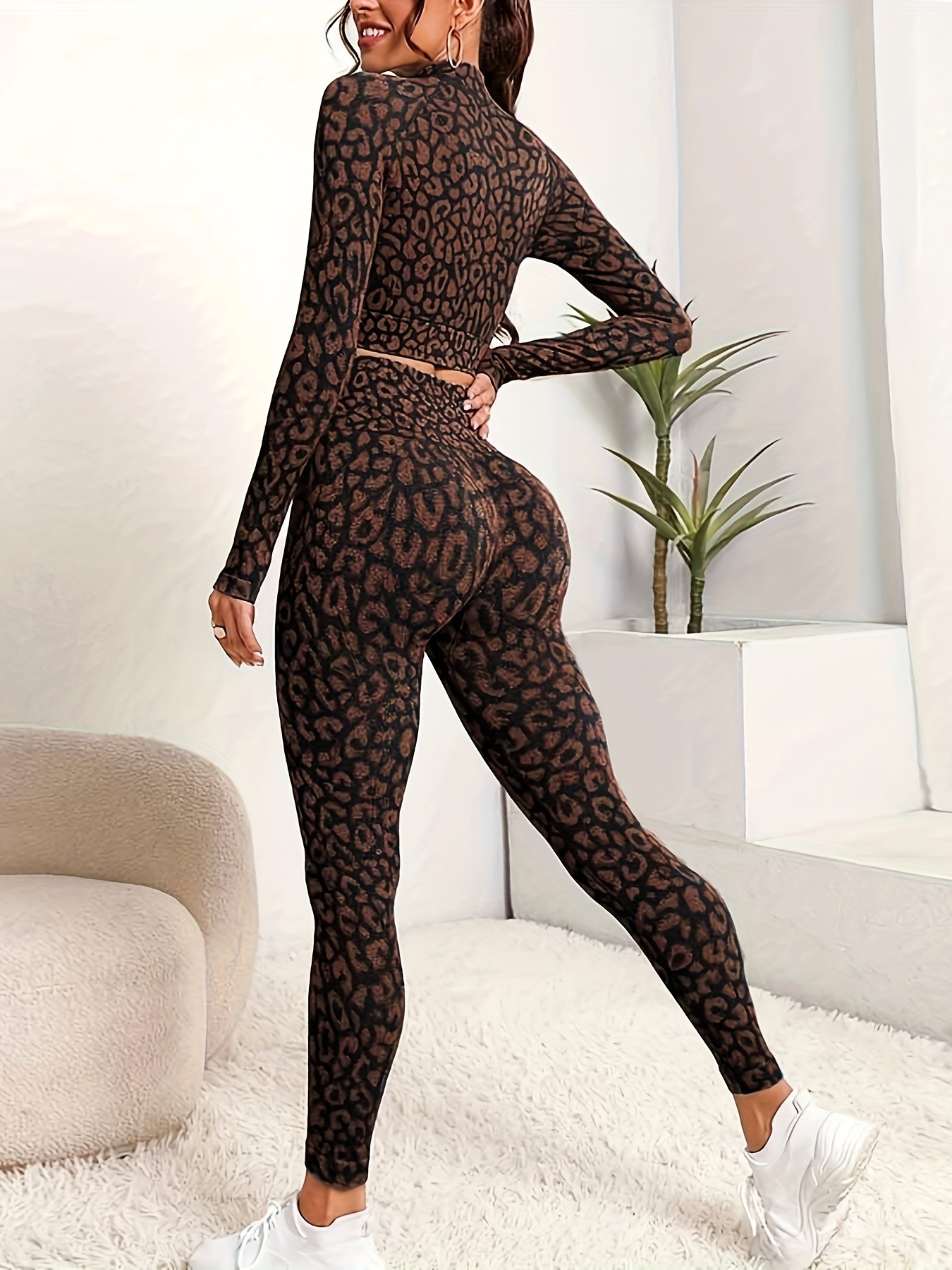 2pcs Yoga Workout Set, Leopard Print Long Sleeve Thumb Hole Zipper Top &  High Waist Sports Leggings Suit, Women's Activewear
