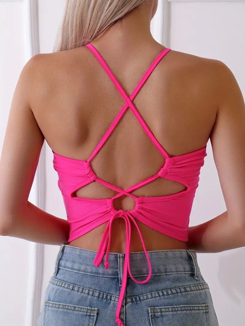 Criss Cross Hollow Crop Tops Sexy Solid Sleeveless Backless - Temu Canada