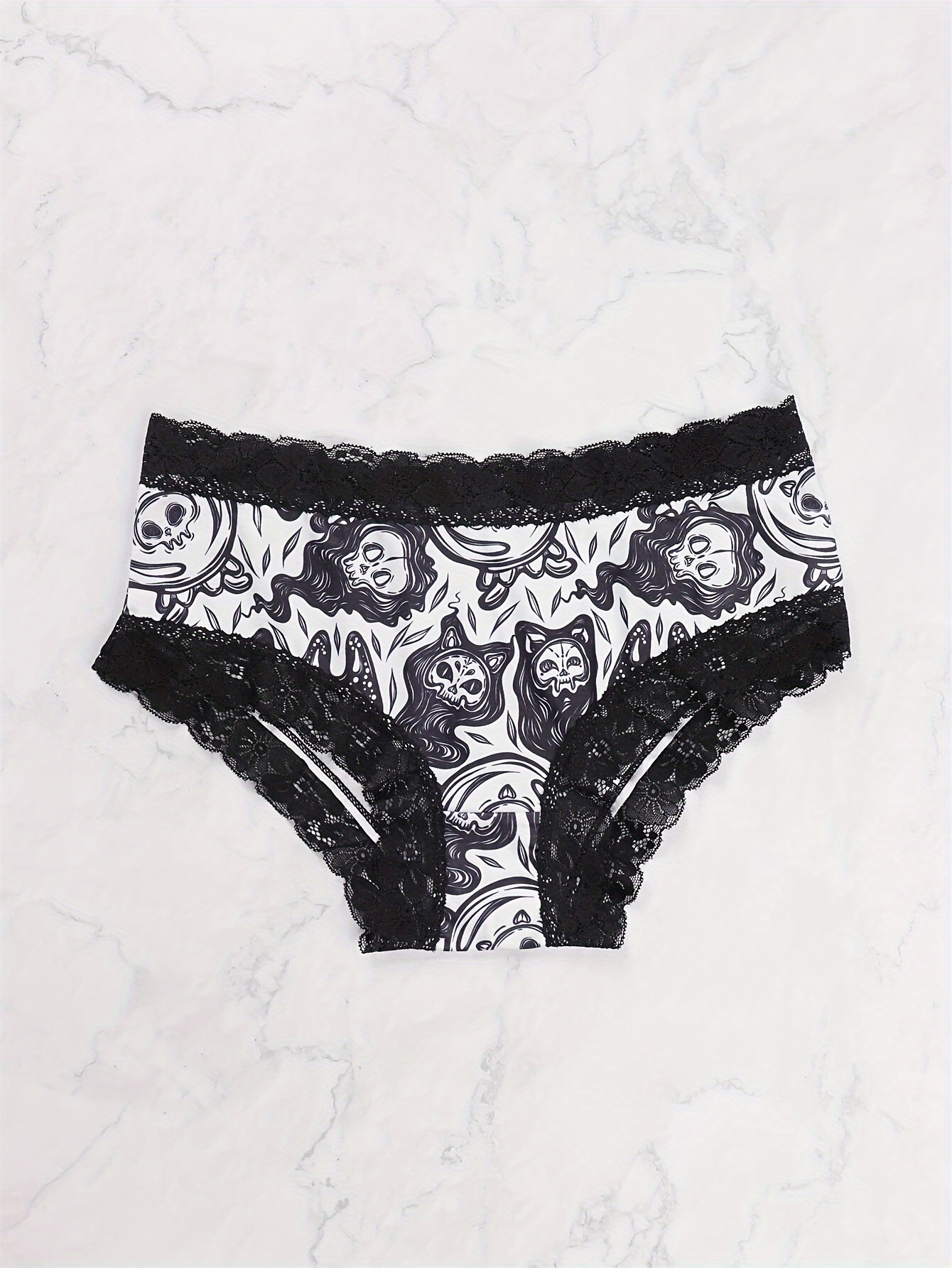 Gothic Contrast Lace Hipster Panties Halloween Skull Print - Temu