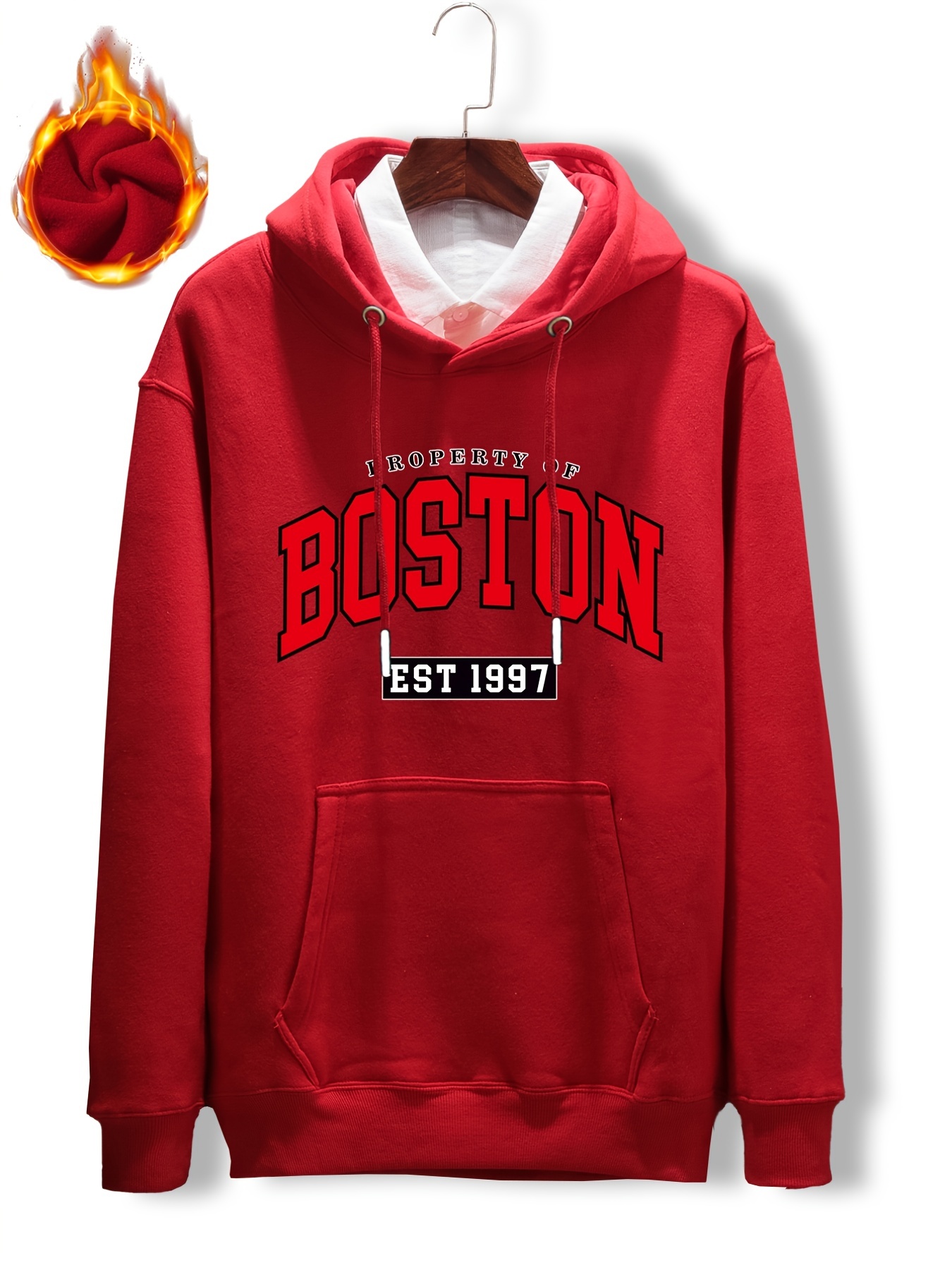 Men's Plus Size 'BOSTON' Print Plain Color Warm Fleece Drawstring Long  Sleeve Hoodie, Thick Thermal Oversize Casual Clothing For Autumn Winter,  For
