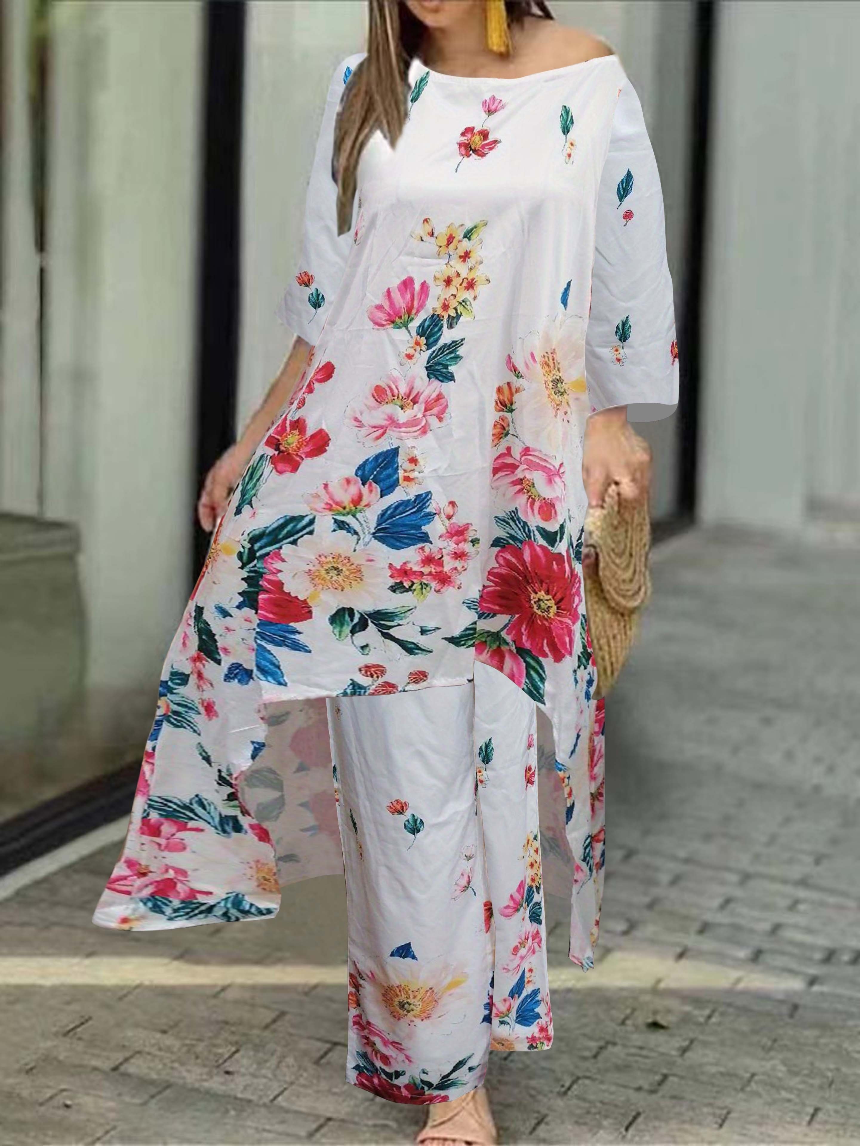 Women Casual Long Pants Print Two Piece Set Loose Tops Floral