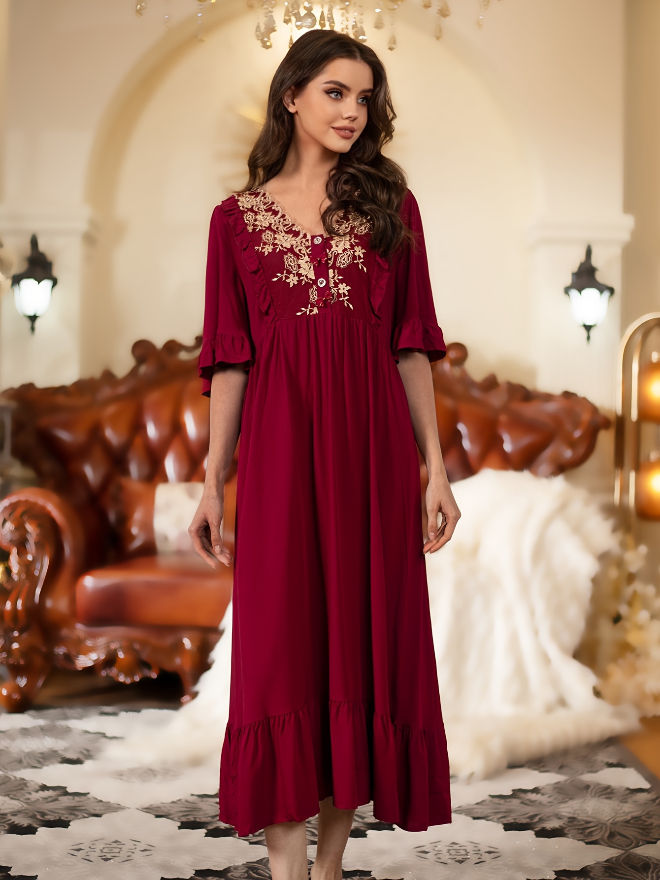 Contrast Lace Nightdress Elegant V Neck Long Sleeve Princess - Temu