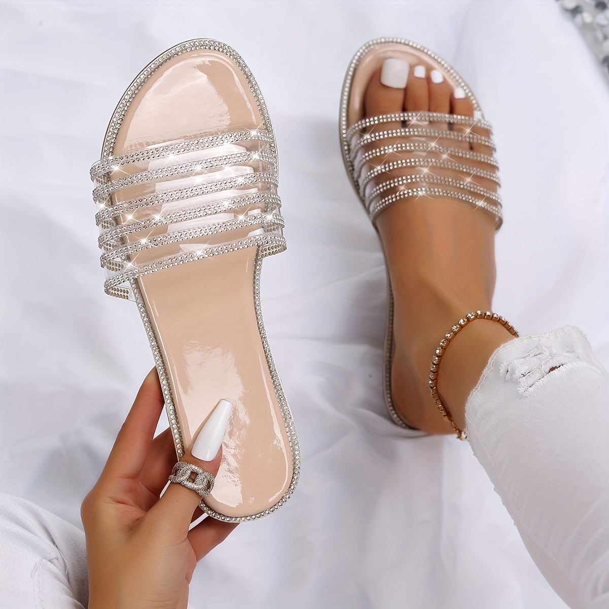 Women Rhinestone Decor Flat Sandals, Glamorous Apricot Slide Sandals For  Summer