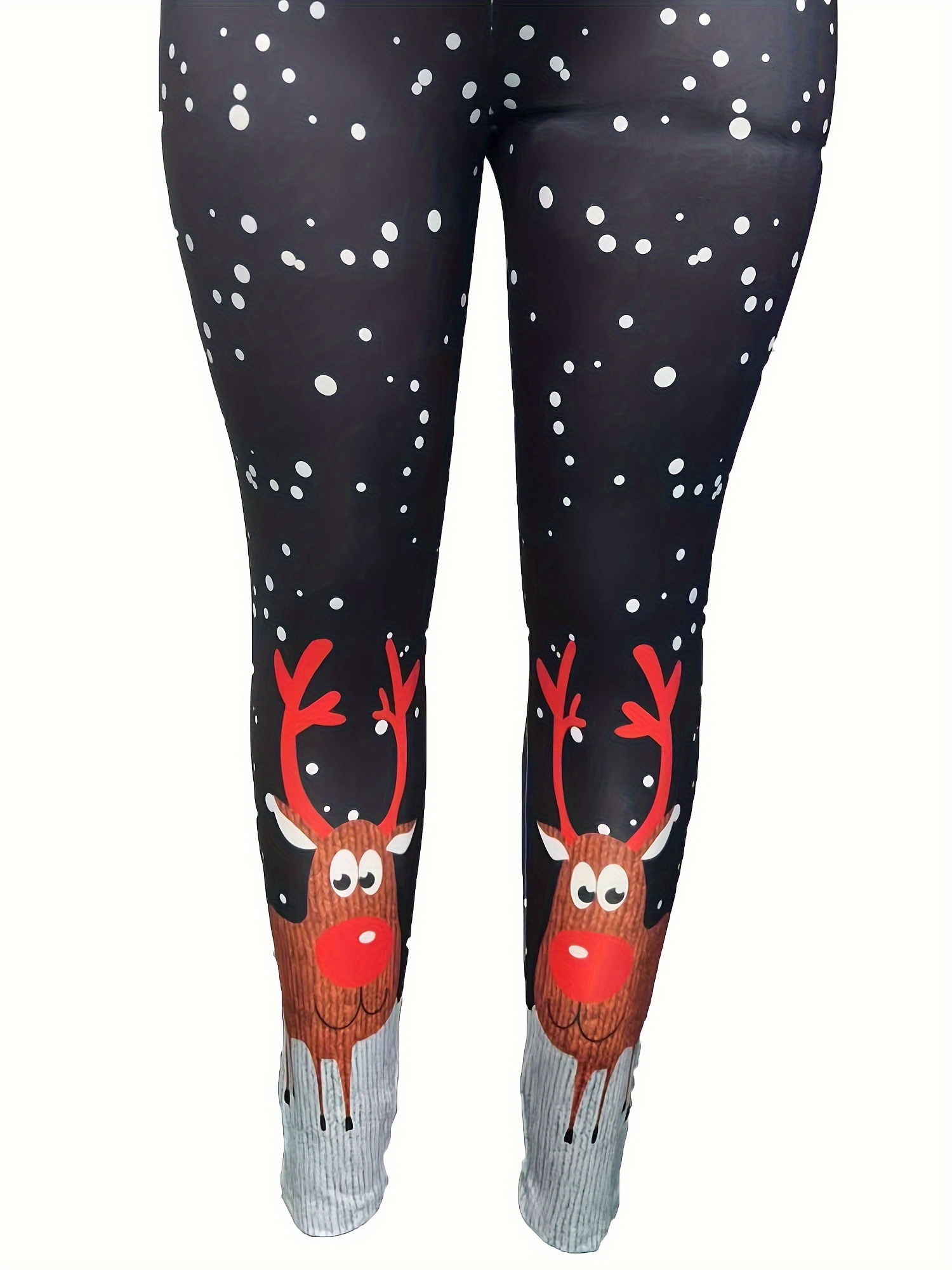Plus Size Christmas Leggings, Women's Plus Santa Claus & Reindeer Print  Elastic High * Slight Stretch Leggings